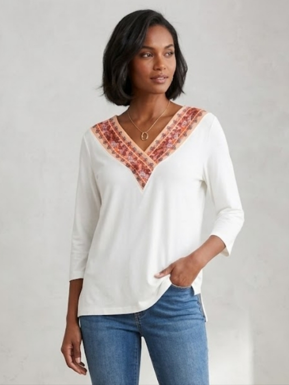 NWT Chico's Touch of Cool White and Orange V-Neck Top Size Large